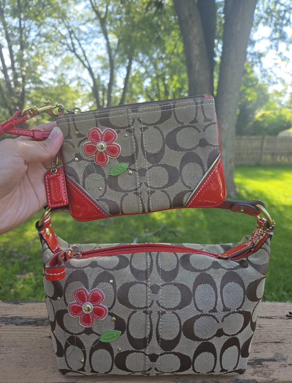 Coach Y2K Mini Monogram C Red Red Patent Leather Trim Flower Appliqué w/ Wrislet